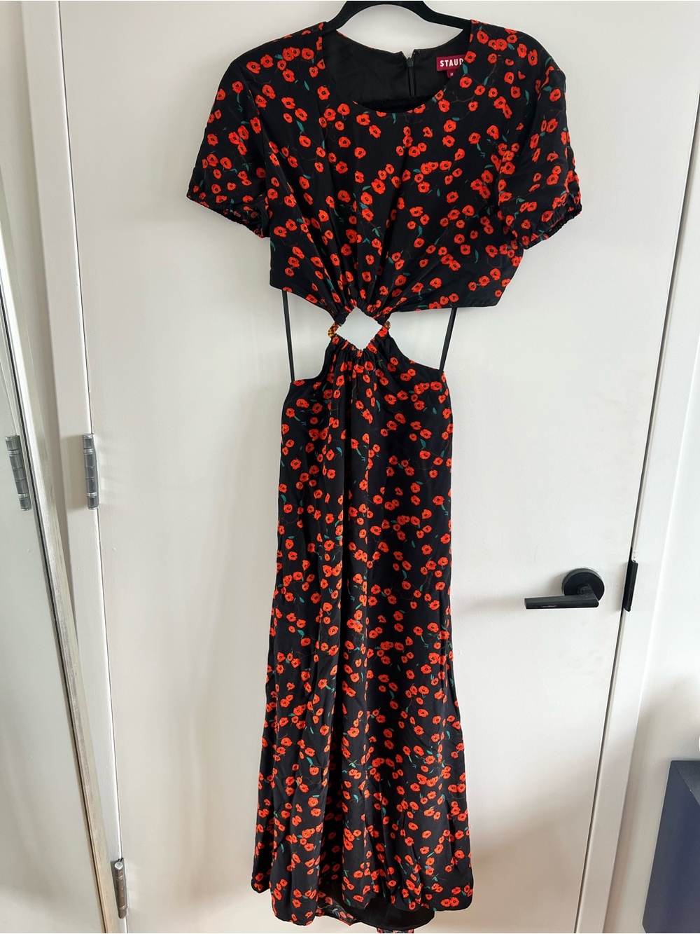 STAUD Black Maxi Dress with Red Floral Cutouts